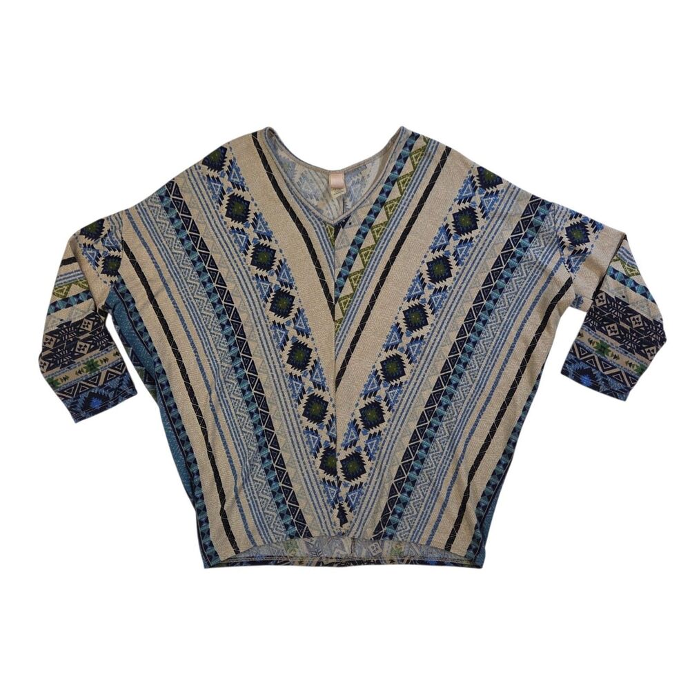 Minx USA Blouse Poncho Style Top XL Blue Tan Native Southwestern Aztec Tribal